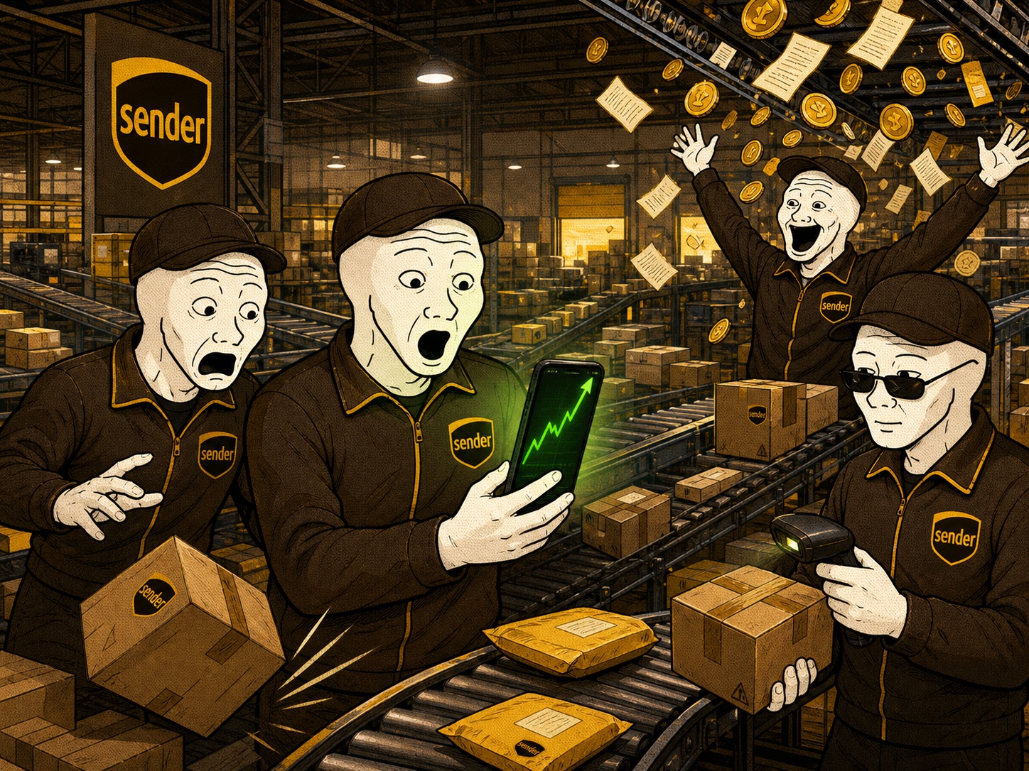 SENDER depot workers checking a rising chart while parcels move down conveyor belts