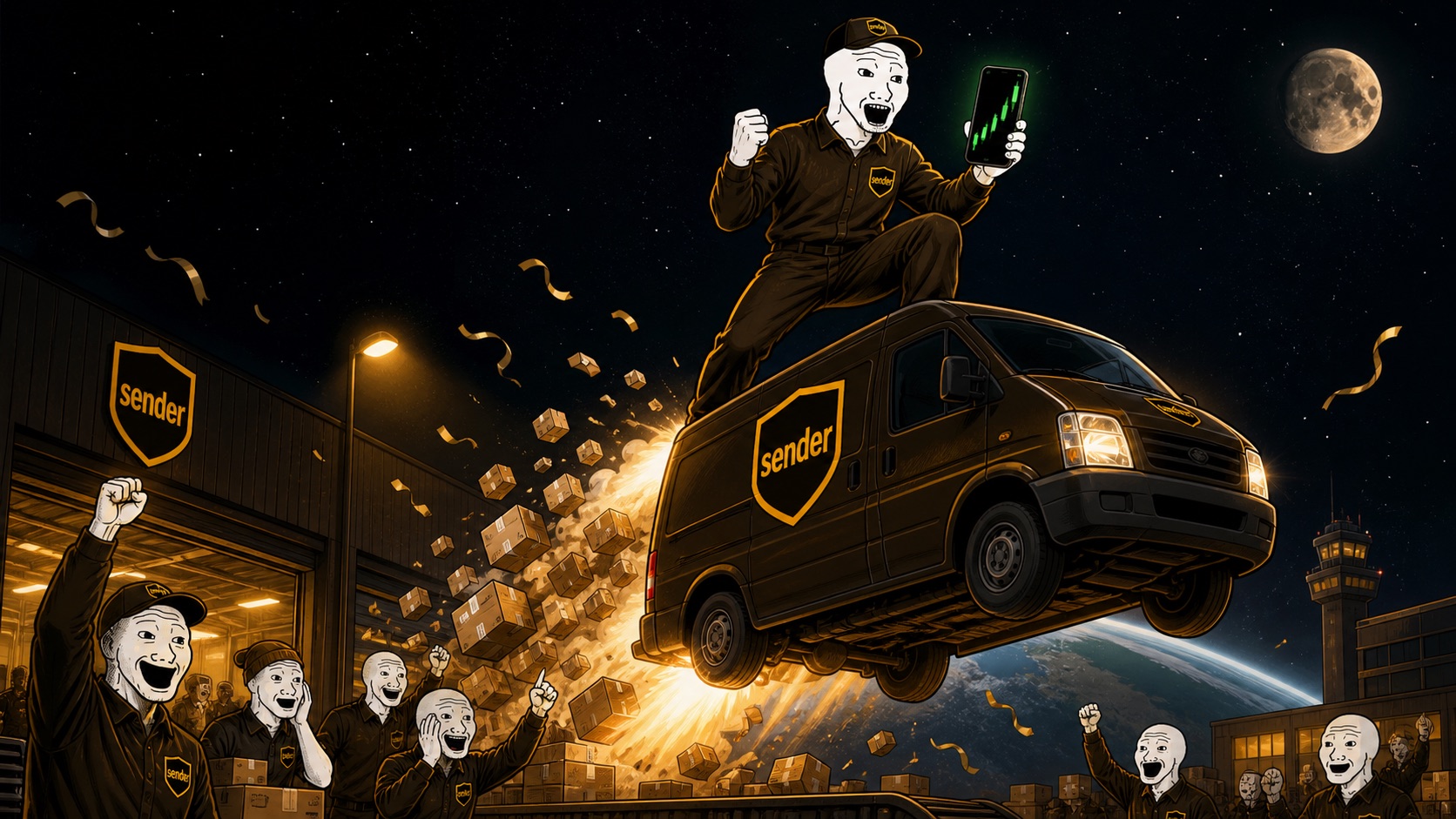 Meme-style SENDER couriers celebrating as a delivery van launches toward the moon