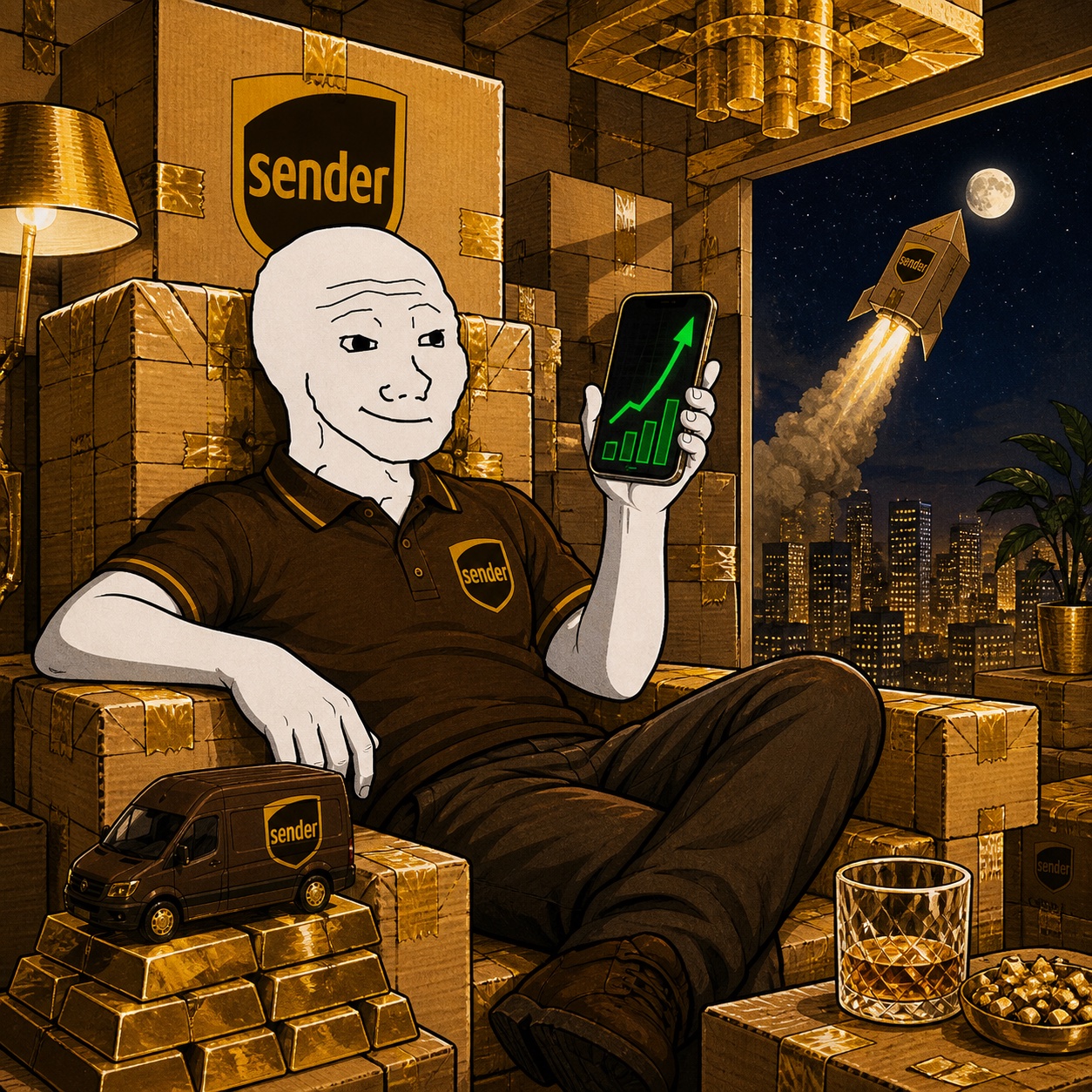 A successful SENDER courier relaxing on a throne of parcels with a rising chart
